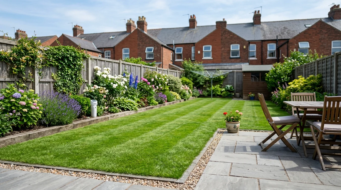 A neat British back garden with a PestBye ultrasonic stake near the patio