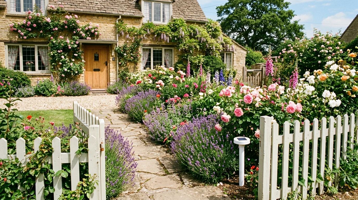 Cottage flower border with a repeller stake at the front