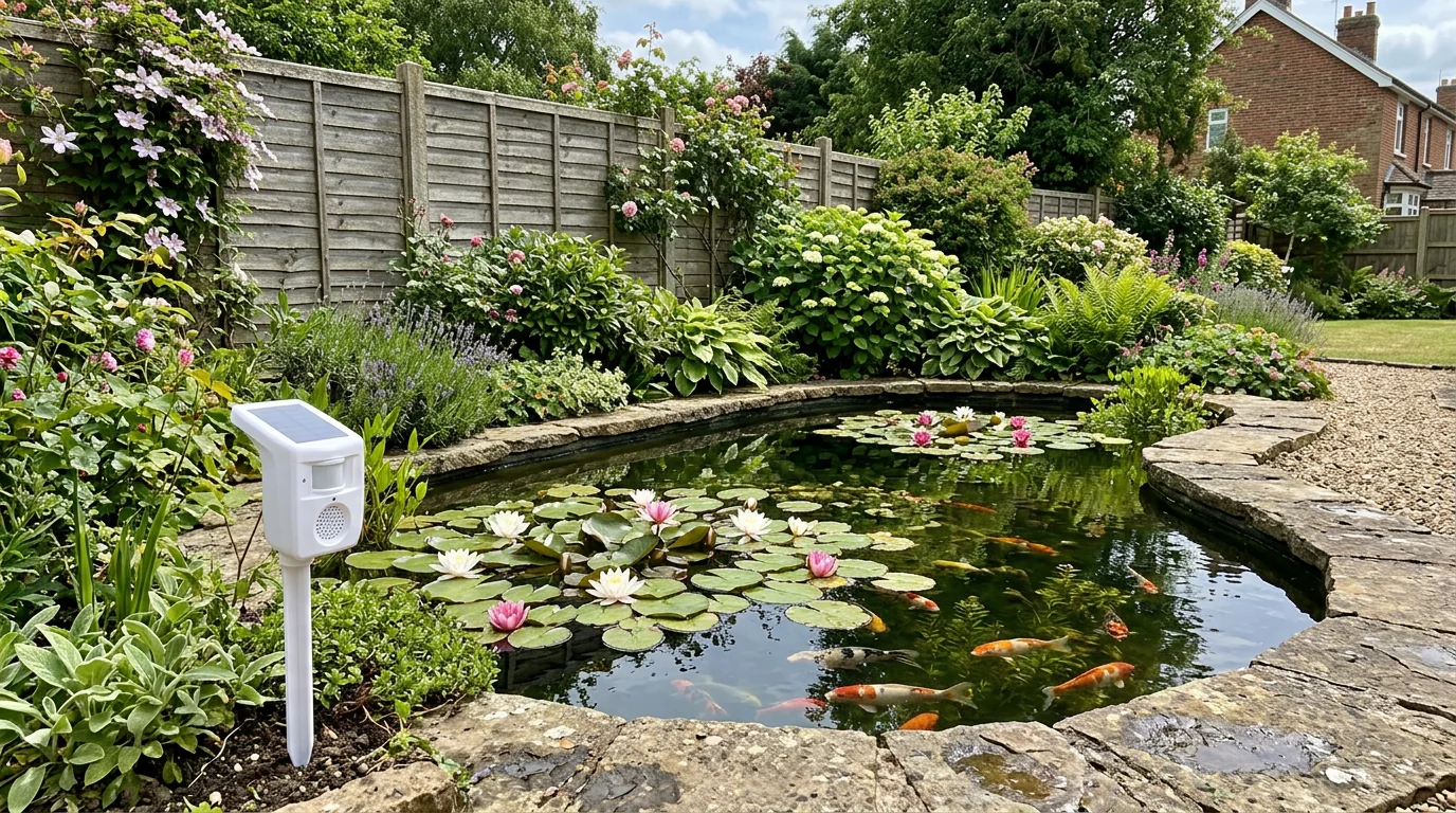 A fish pond in a British garden protected by a PestBye deterrent