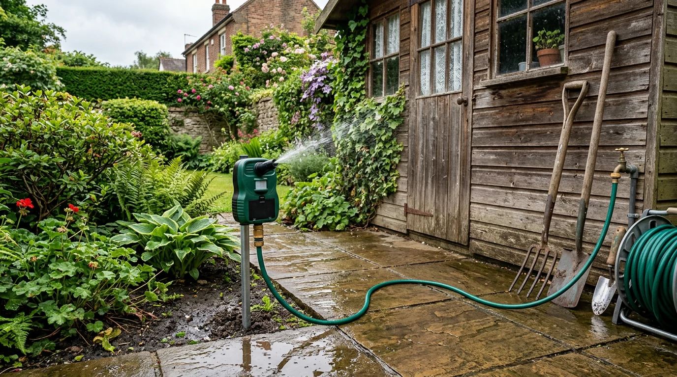 Jet spray repeller connected to a garden hose by a shed