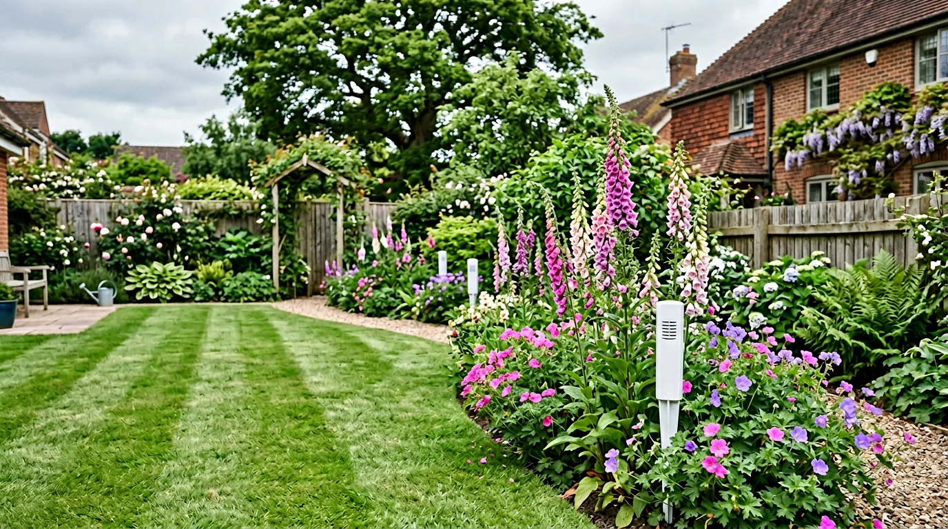 Two PestBye stakes guarding a back-garden border