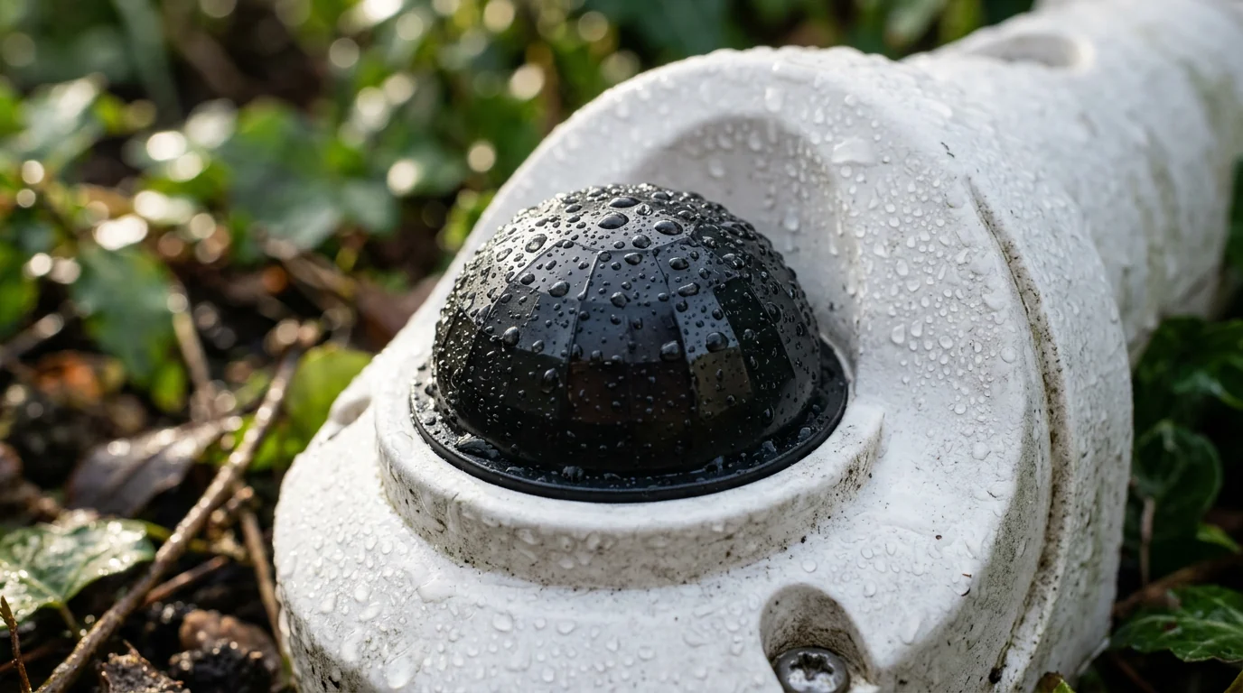 Close-up of the PIR sensor and frequency dial on a PestBye garden repeller
