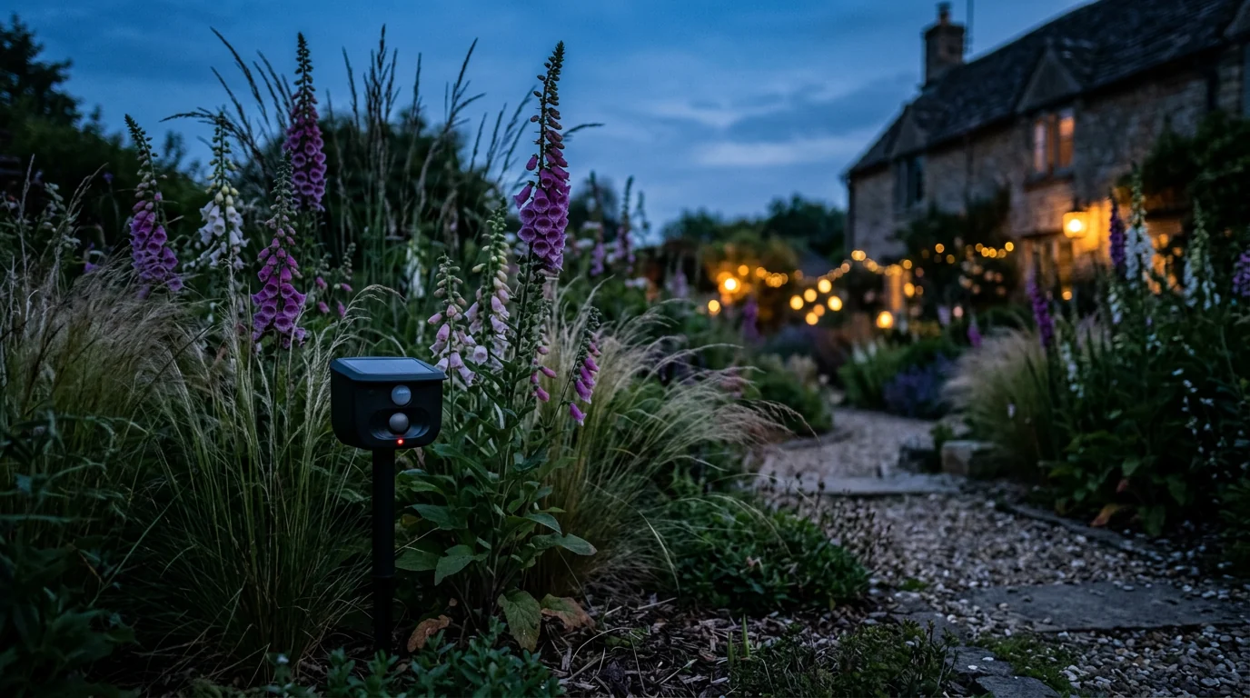 Fox deterrent standing among ornamental grasses at dusk