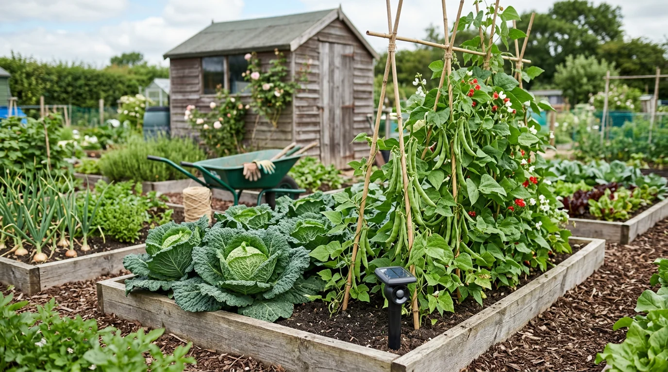 Allotment vegetable patch protected by a solar pest repeller