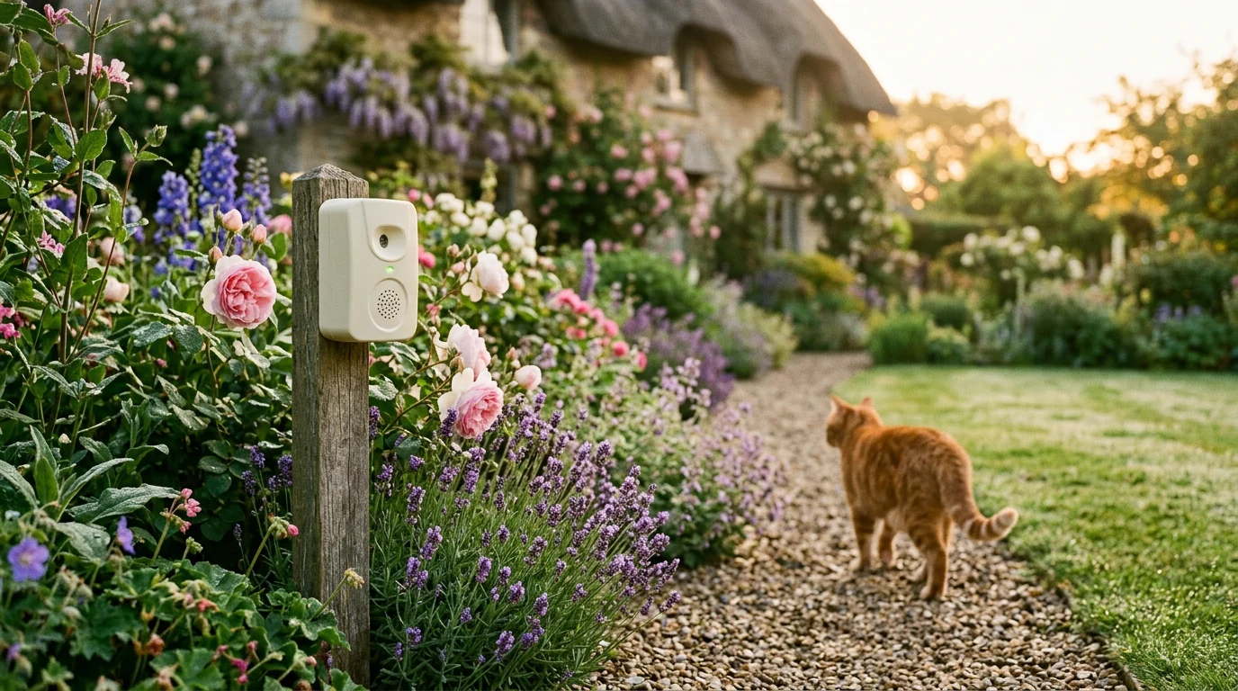The PestBye ultrasonic repeller standing in a British garden border while a ginger cat retreats