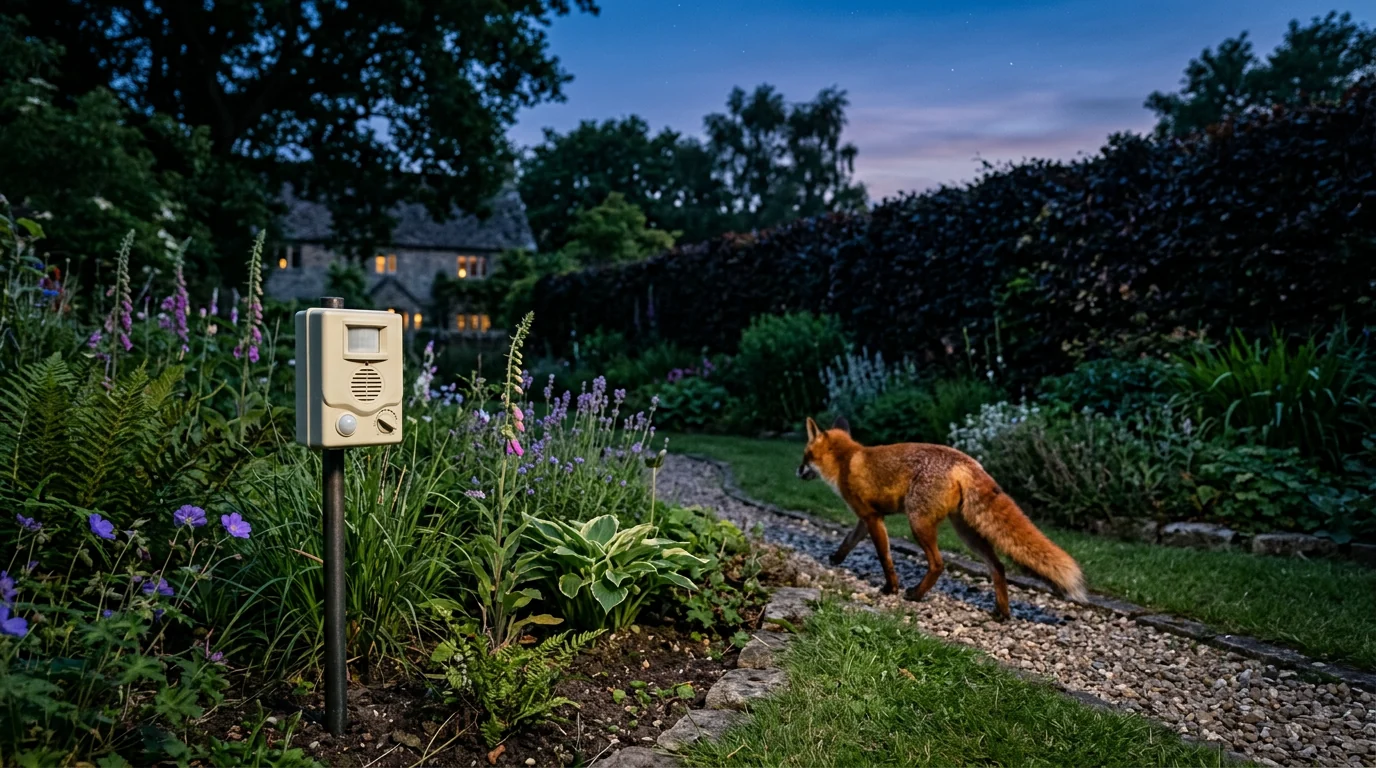 Twilight British garden with a PestBye fox deterrent in the foreground and a red fox retreating to a hedge