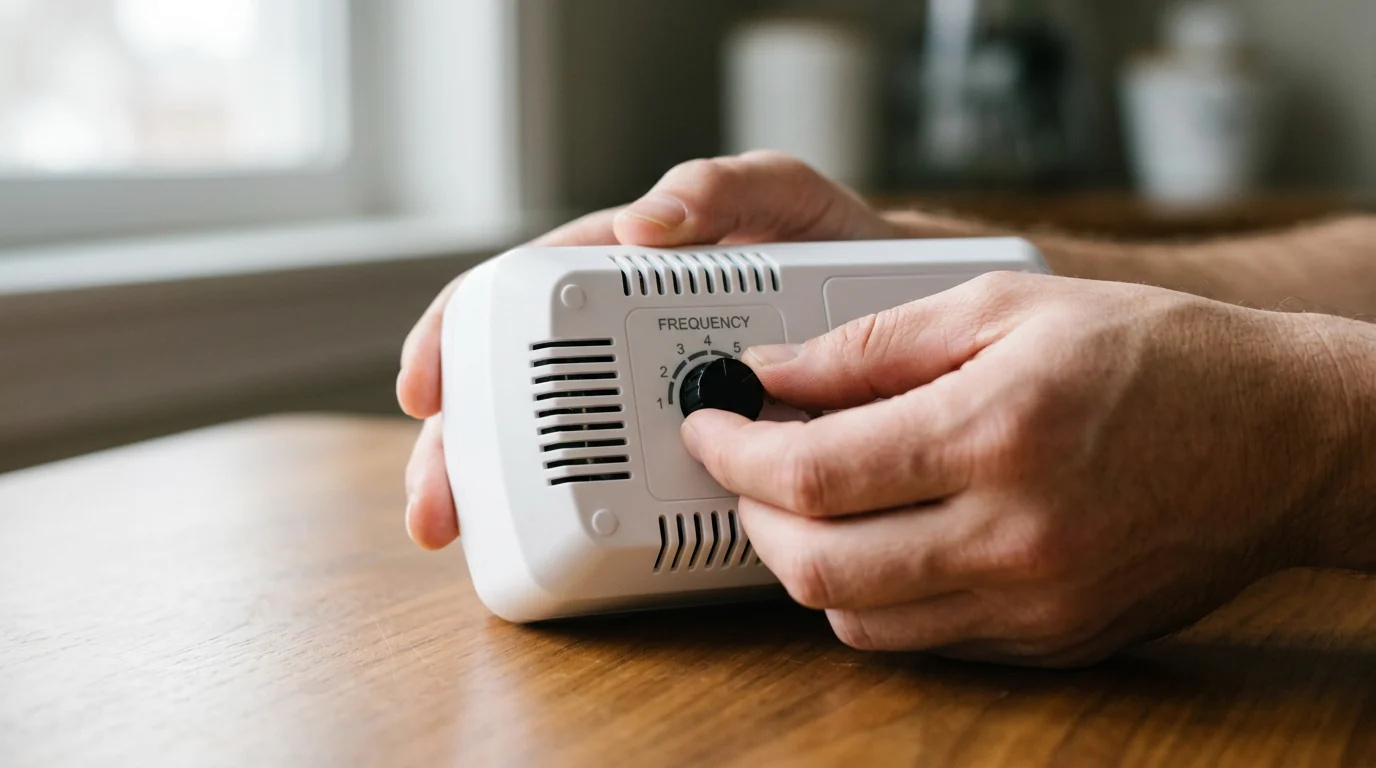 Hands adjusting the rotary frequency dial on the back of a PestBye ultrasonic repeller