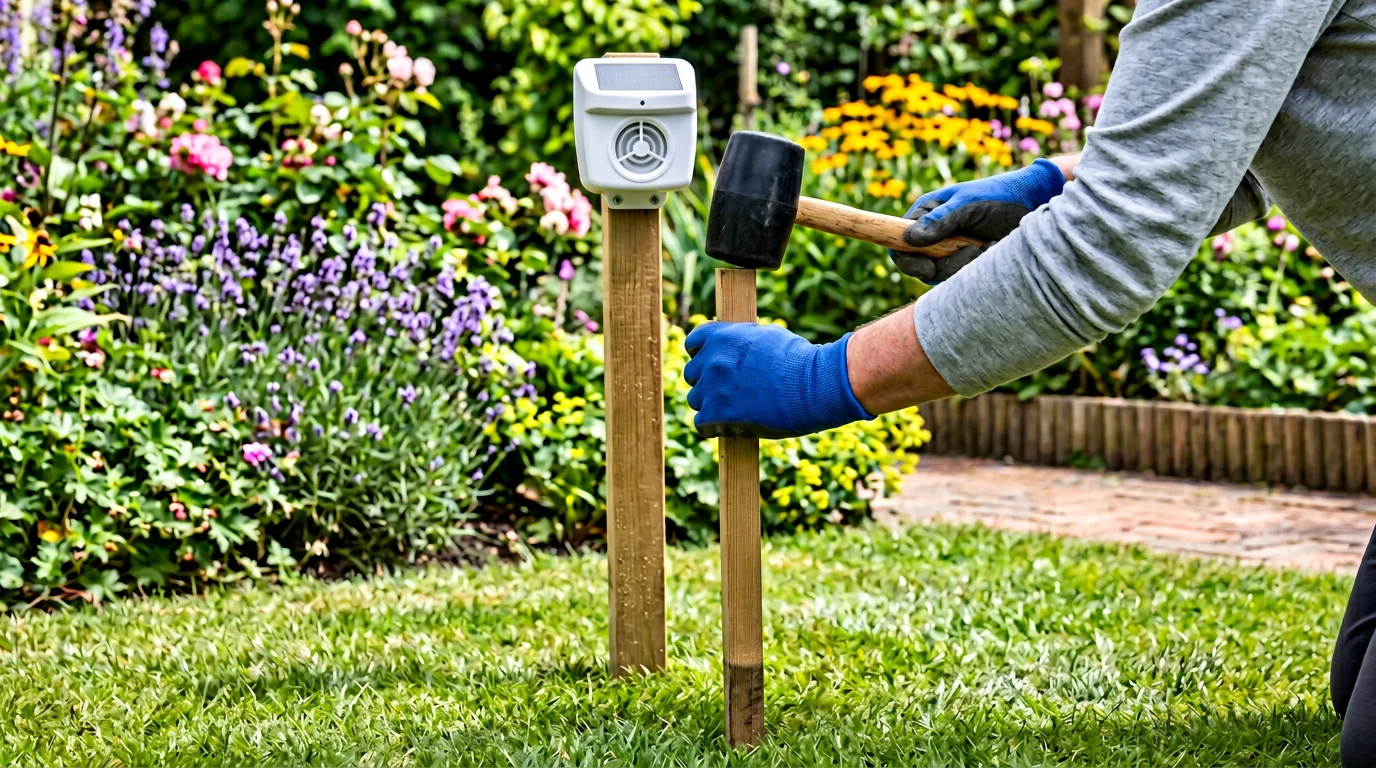 Gardener hammering a wooden stake into a lawn with a PestBye ultrasonic repeller mounted on top