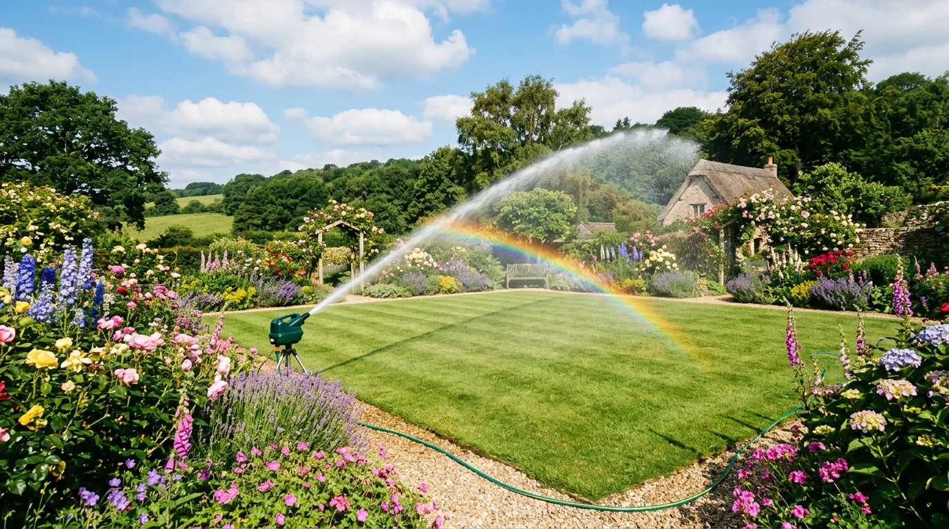 Motion-activated PestBye Jet Spray repeller firing an arc of water across a sunny British back garden