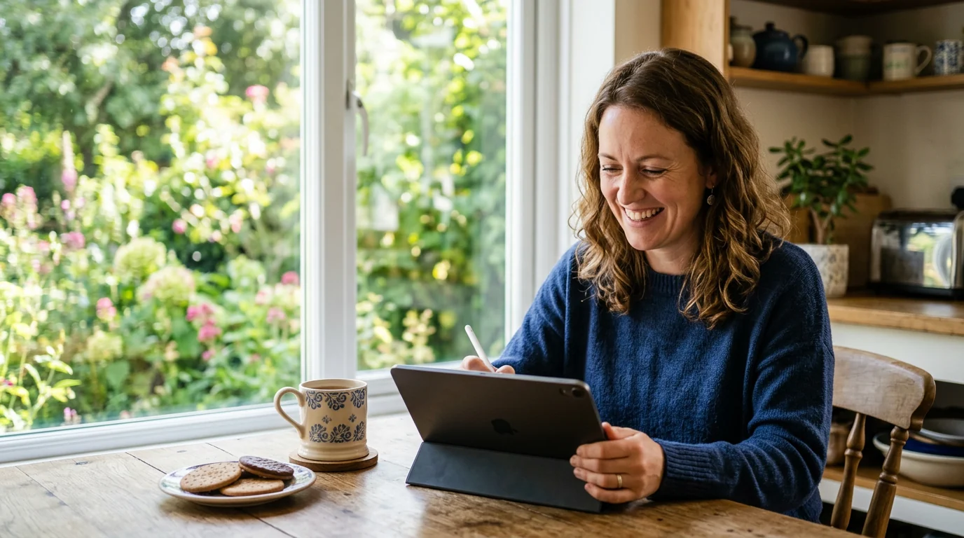 A British customer writing a product review at a kitchen table with a cup of tea