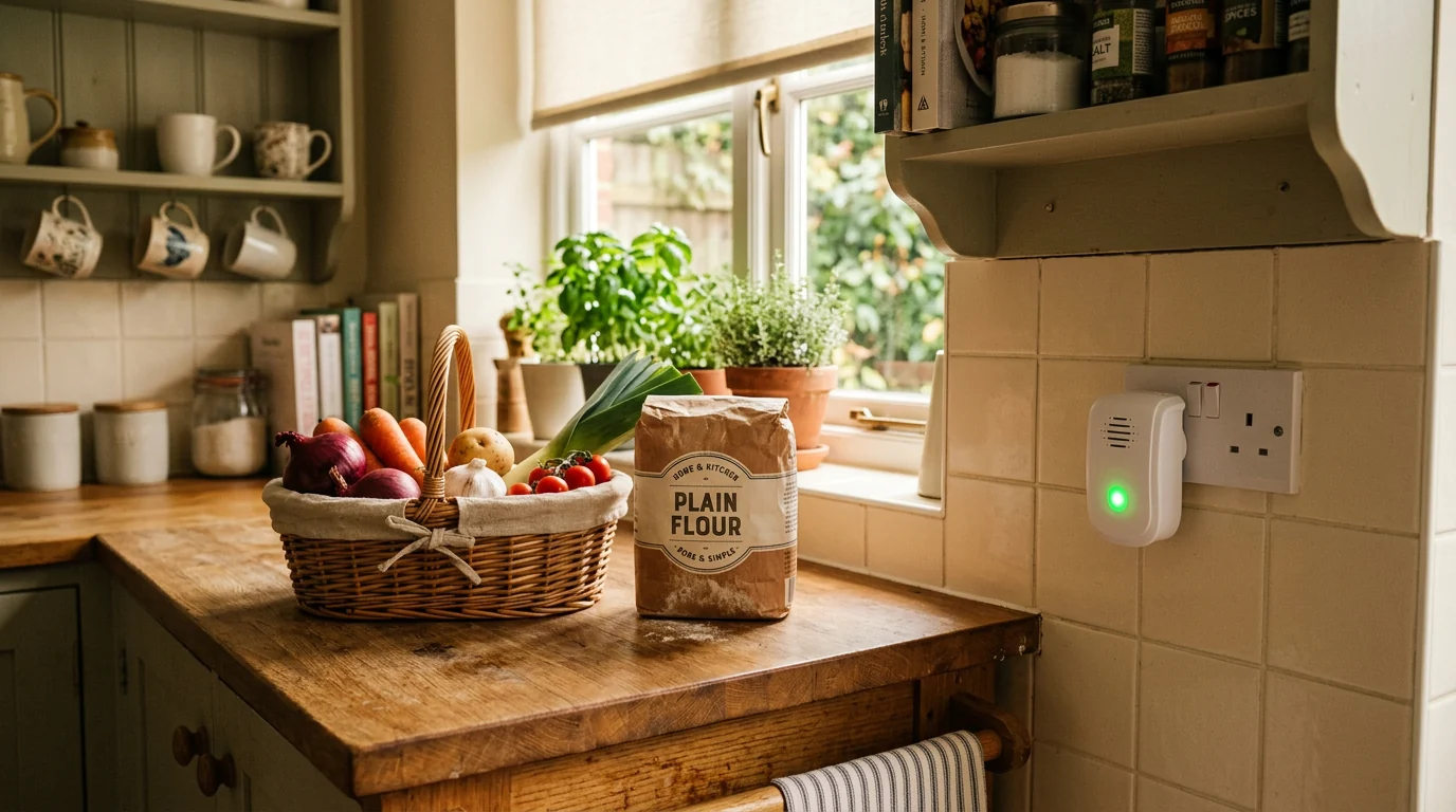 PestBye indoor plug-in rat and mouse repeller plugged into a UK wall socket in a warm kitchen