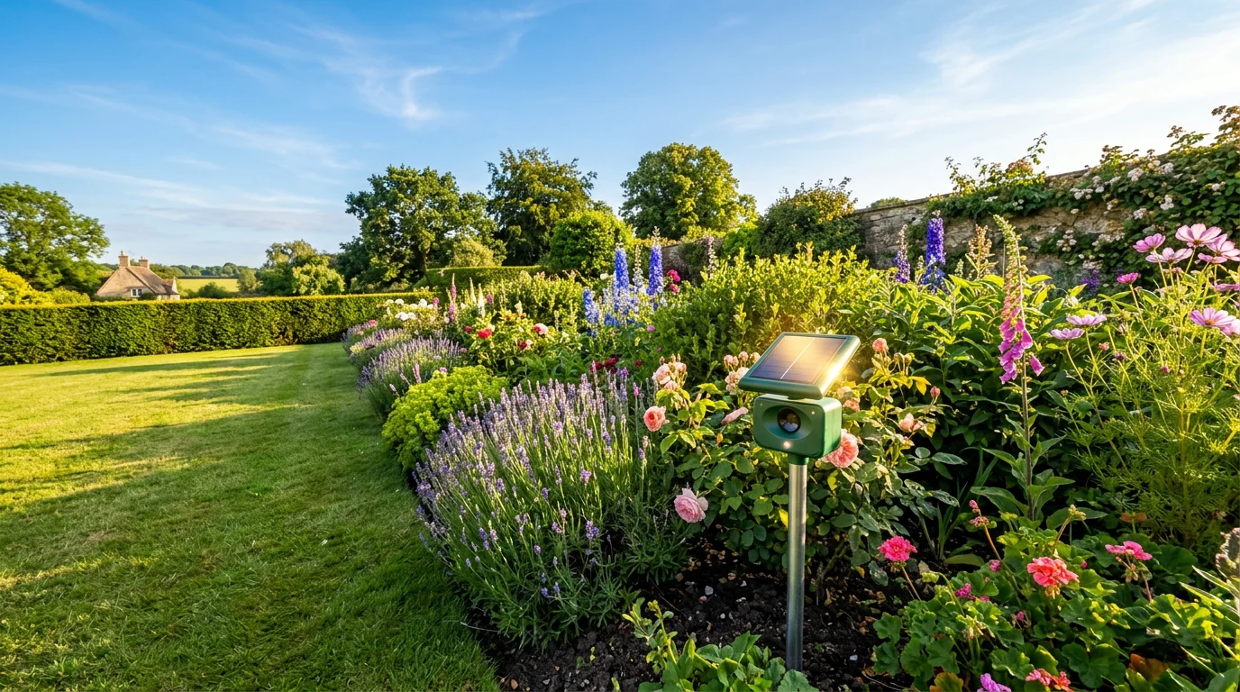 Solar-powered ultrasonic cat repeller stake with a small solar panel on top, in a sunny British garden