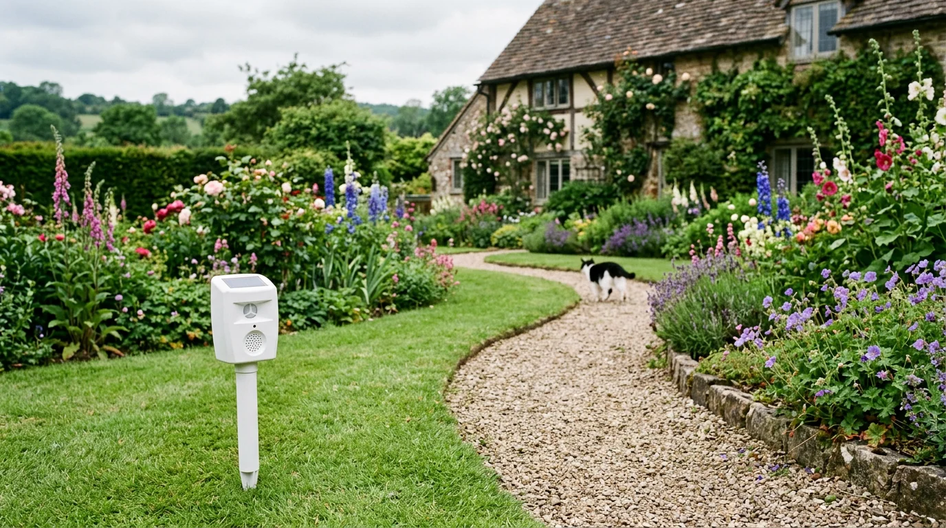 White PestBye ultrasonic cat repeller stake in a British cottage garden with a cat retreating