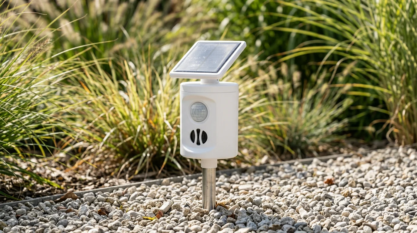 Solar-powered PestBye cat repeller with small solar panel tilted upwards