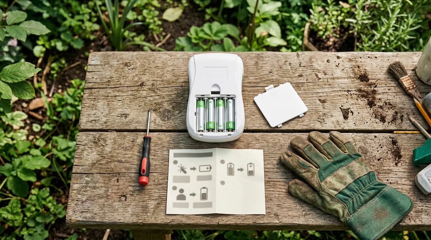 A PestBye ultrasonic repeller being prepared for installation with batteries, gloves and a leaflet